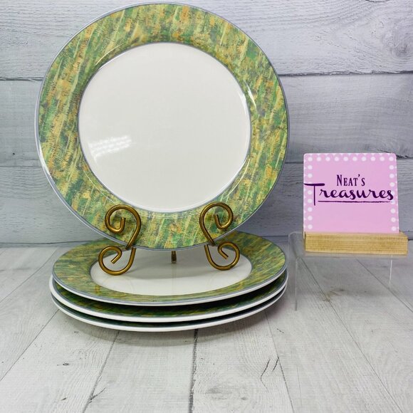 Sango Joan Luntz DAISY HILL 3045 Green Border Round China Dinner Plates Set of 4 - Picture 1 of 12